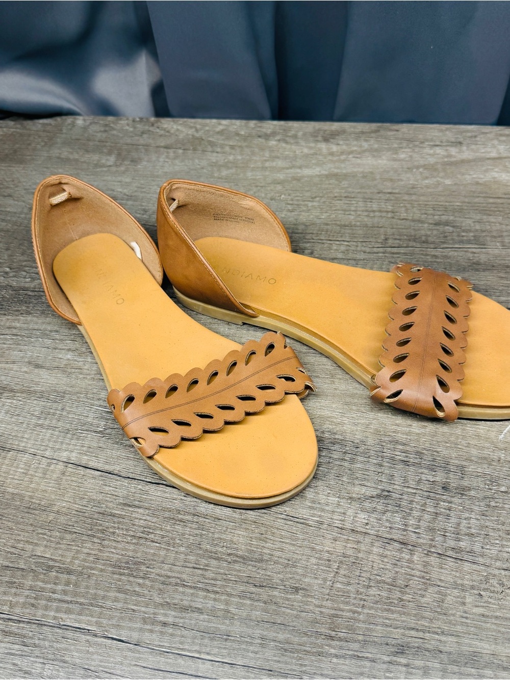 MIA Women’s Tan D’Orsay Flat Sandals Cognac Laser Cut Slip On Sandals